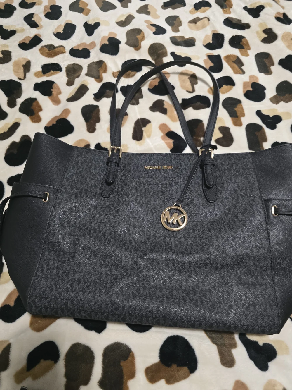 Michael Kors Black MK Logo Shoulder Tote with Gold Charm And matching wallet.